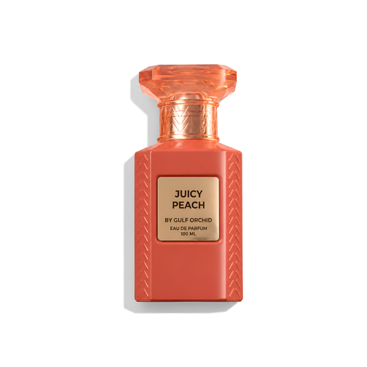 Bottle of Gulf Orchid Juicy peach EDP fragrance on a white background with soft shadow