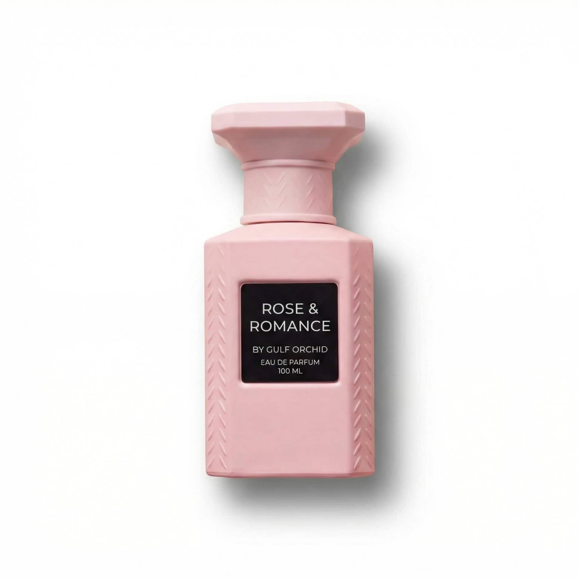 Bottle of Gulf Orchid Rose & romance EDP fragrance on a white background with soft shadow