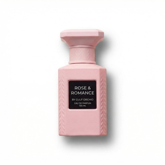 Bottle of Gulf Orchid Rose & romance EDP fragrance on a white background with soft shadow
