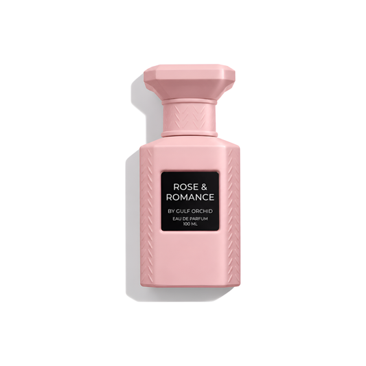 Bottle of Gulf Orchid Rose & romance EDP fragrance on a white background with soft shadow