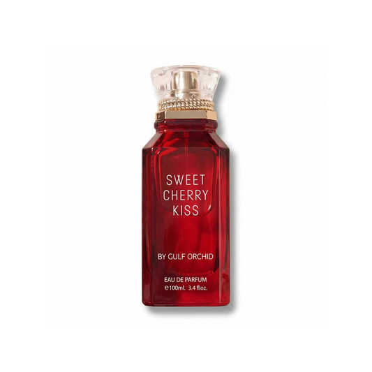 Bottle of Gulf Orchid Sweet Cherry Kiss EDP fragrance on a white background with soft shadow