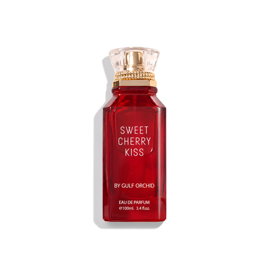 Bottle of Gulf Orchid Sweet Cherry Kiss EDP fragrance on a white background with soft shadow