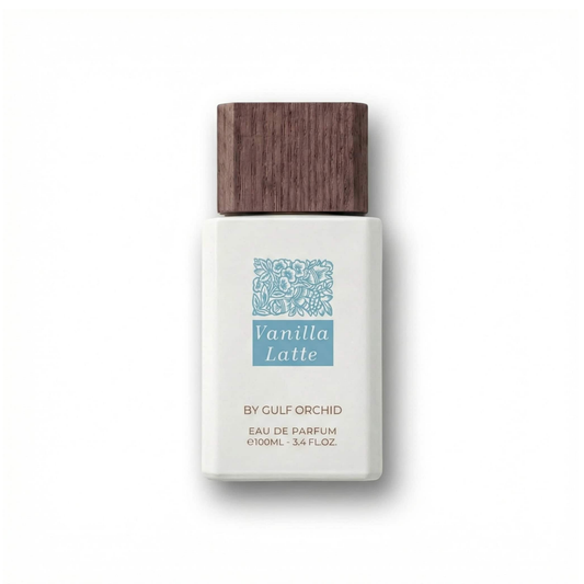 Bottle of Gulf Orchid Vanilla Latte EDP fragrance on a white background with soft shadow