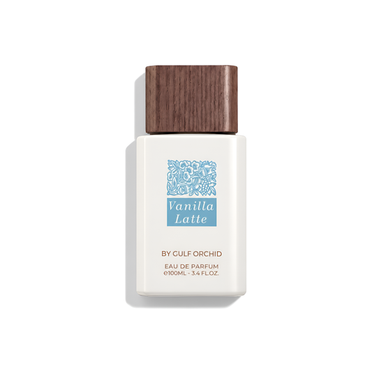 Bottle of Gulf Orchid Vanilla Latte EDP fragrance on a white background with soft shadow