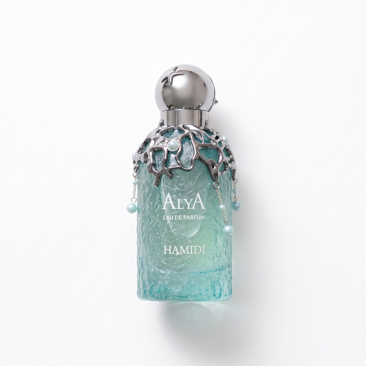Bottle of Hamidi Alya EDP fragrance on a white background with soft shadow