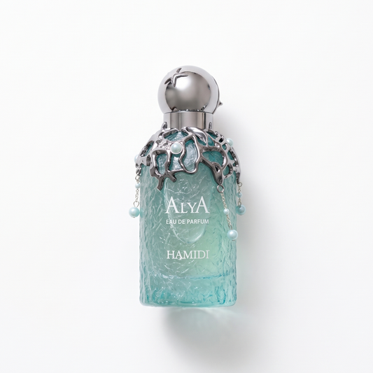 Bottle of Hamidi Alya EDP fragrance on a white background with soft shadow