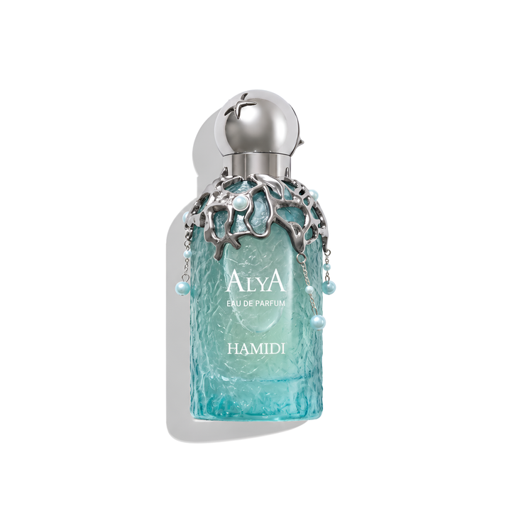 Bottle of Hamidi Alya EDP fragrance on a white background with soft shadow
