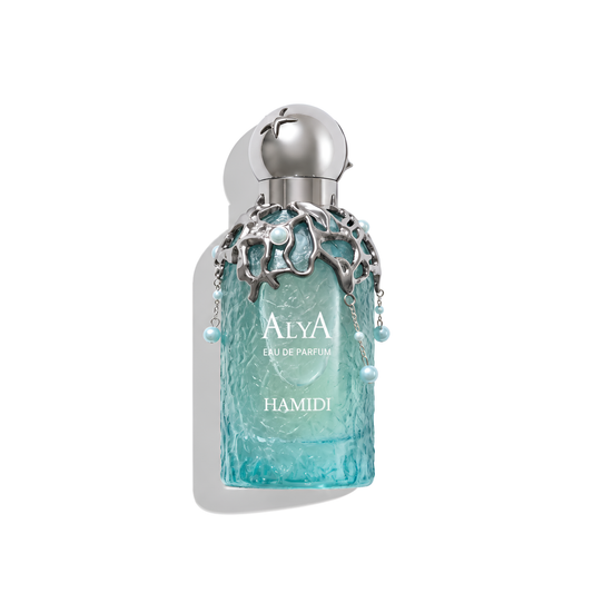 Bottle of Hamidi Alya EDP fragrance on a white background with soft shadow