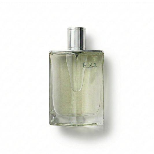 Bottle of Hermes H24 EDT fragrance on a white background with soft shadow