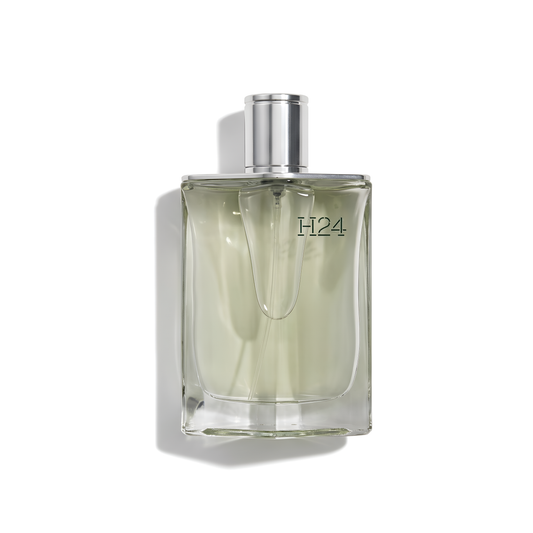 Bottle of Hermes H24 EDT fragrance on a white background with soft shadow