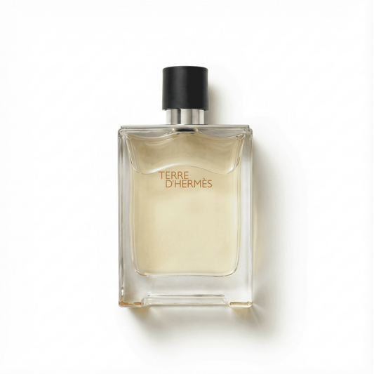Bottle of Hermes Terre D'Hermes Parfum Parfum fragrance on a white background with soft shadow