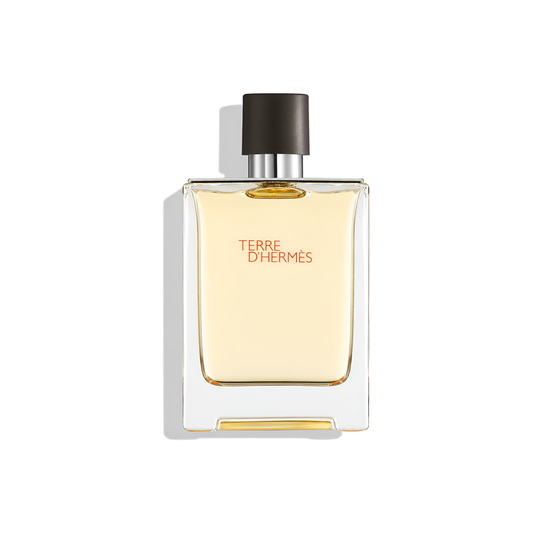 Bottle of Hermes Terre d'Hermès EDT fragrance on a white background with soft shadow