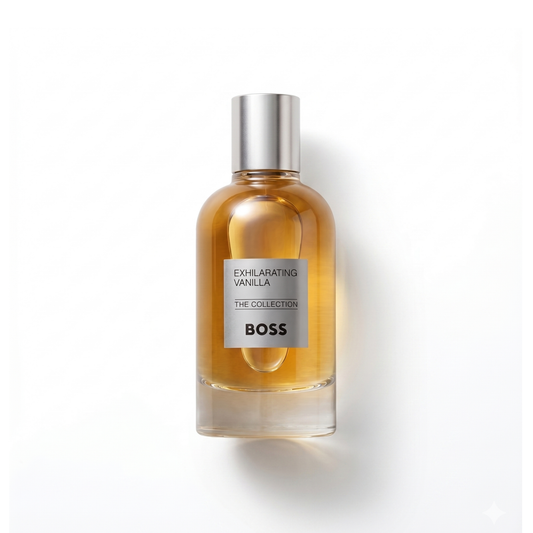 Bottle of Hugo Boss Exhilarating Vanilla EDP fragrance on a white background with soft shadow