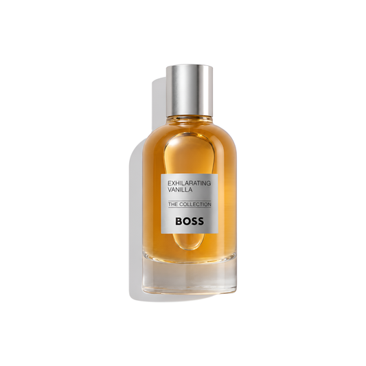Bottle of Hugo Boss Exhilarating Vanilla EDP fragrance on a white background with soft shadow