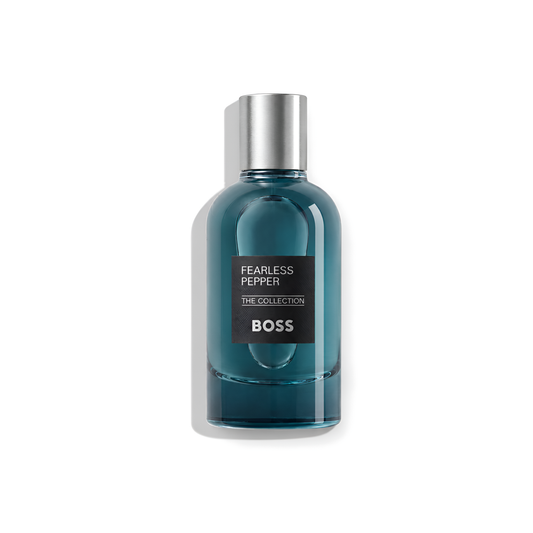 Bottle of Hugo Boss Fearless Pepper EDP fragrance on a white background with soft shadow