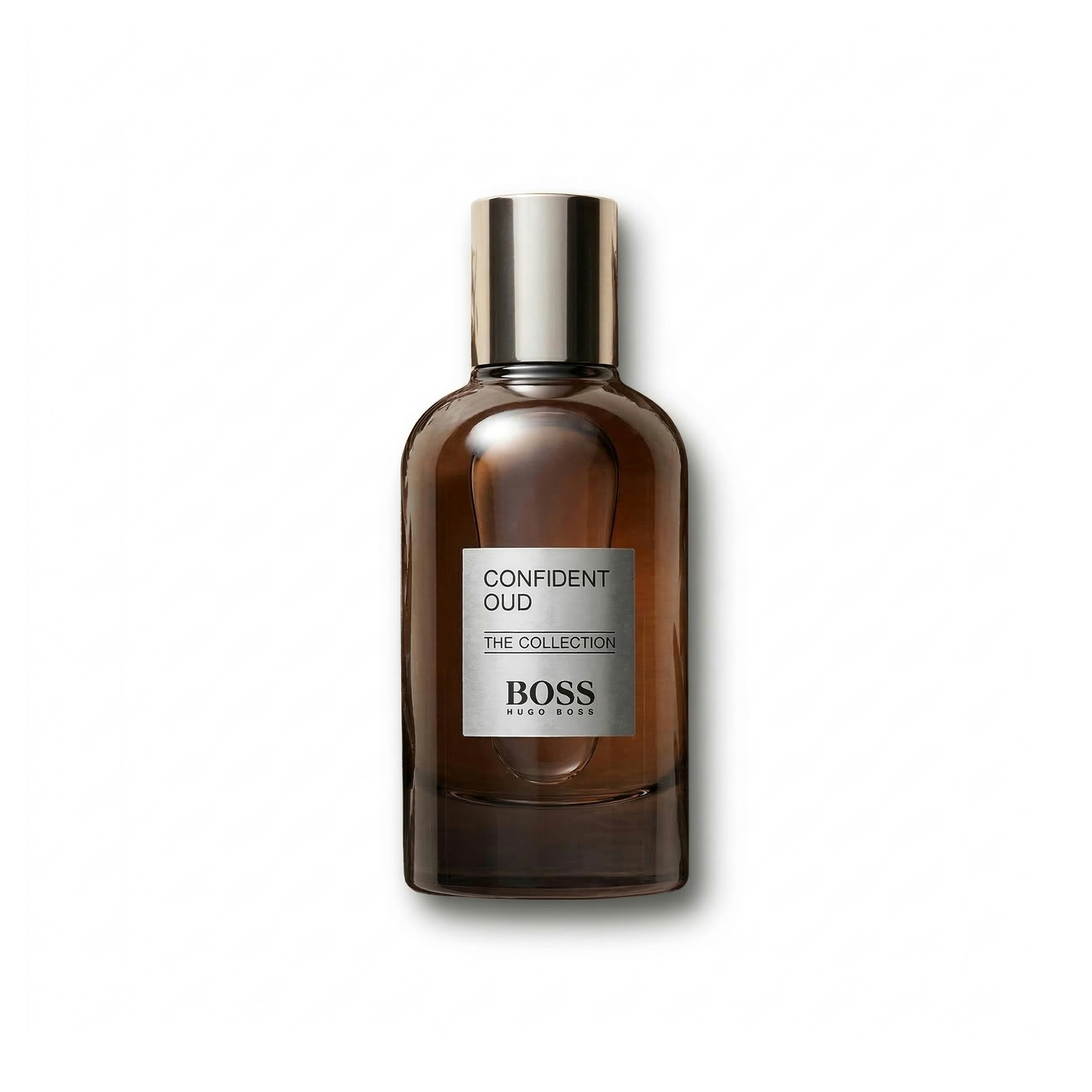 Bottle of Hugo Boss The Collection Confident Oud EDP fragrance on a white background with soft shadow