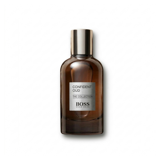 Bottle of Hugo Boss The Collection Confident Oud EDP fragrance on a white background with soft shadow