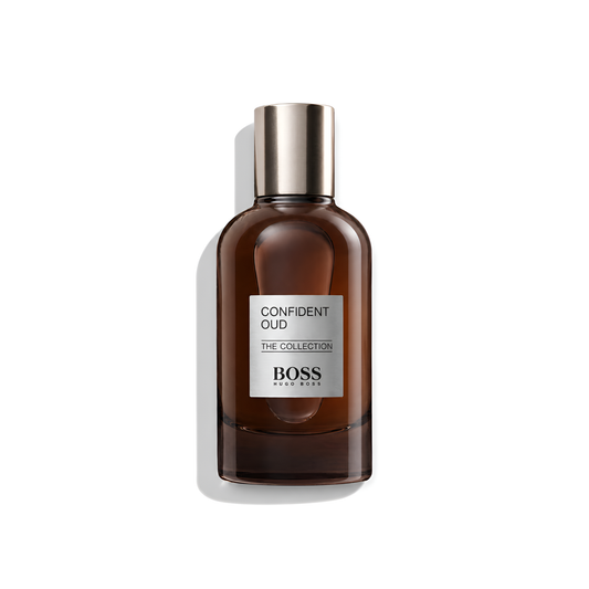Bottle of Hugo Boss The Collection Confident Oud EDP fragrance on a white background with soft shadow