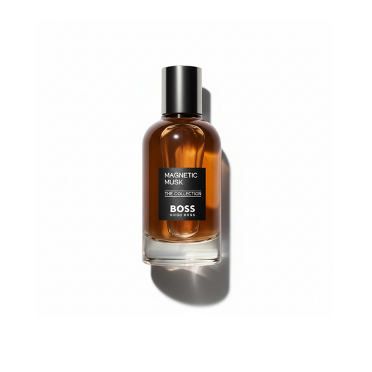 Bottle of Hugo Boss The Collection Magnetic Musk EDP fragrance on a white background with soft shadow