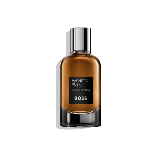 Bottle of Hugo Boss The Collection Magnetic Musk EDP fragrance on a white background with soft shadow