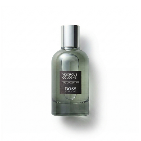 Bottle of Hugo Boss The Collection Vigorous Cologne fragrance on a white background with soft shadow