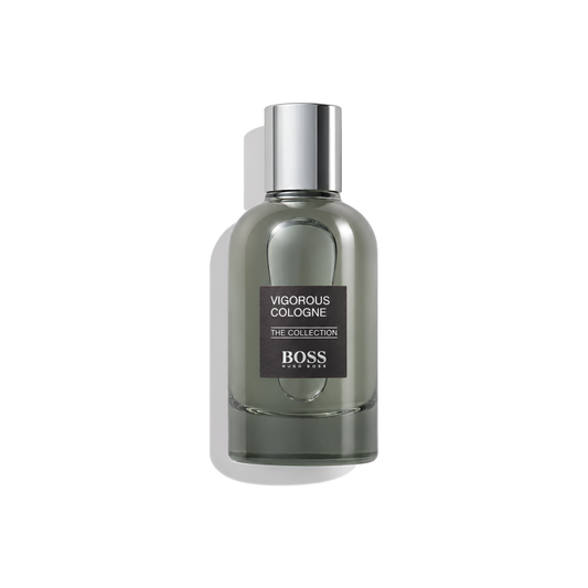 Bottle of Hugo Boss The Collection Vigorous Cologne fragrance on a white background with soft shadow