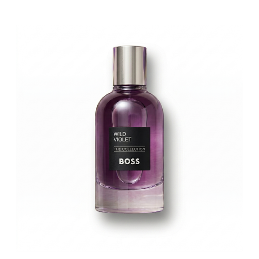 Bottle of Hugo Boss Wild Violet EDP fragrance on a white background with soft shadow