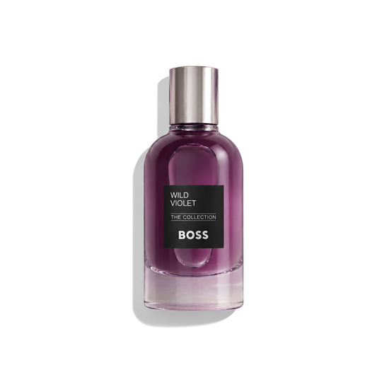 Bottle of Hugo Boss Wild Violet EDP fragrance on a white background with soft shadow