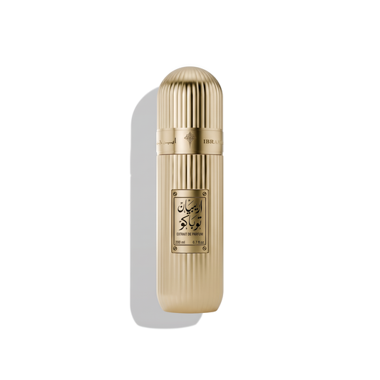 Bottle of Ibraheem Al Qurashi Arabian Tobacco EDP fragrance on a white background with soft shadow