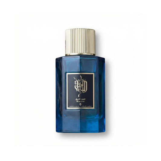 Bottle of Ibraheem Al Qurashi Blue Oud EDP fragrance on a white background with soft shadow