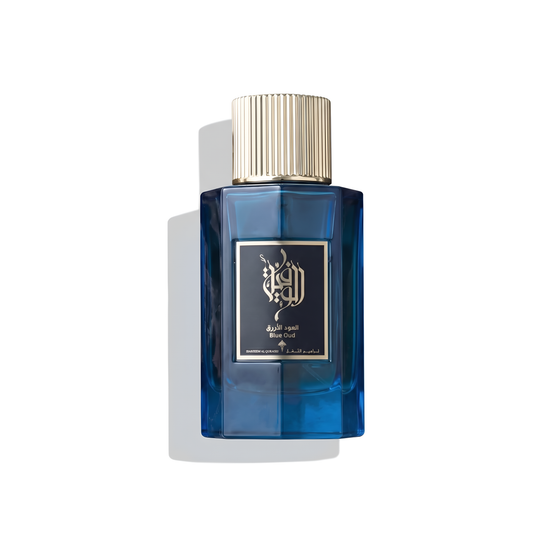 Bottle of Ibraheem Al Qurashi Blue Oud EDP fragrance on a white background with soft shadow