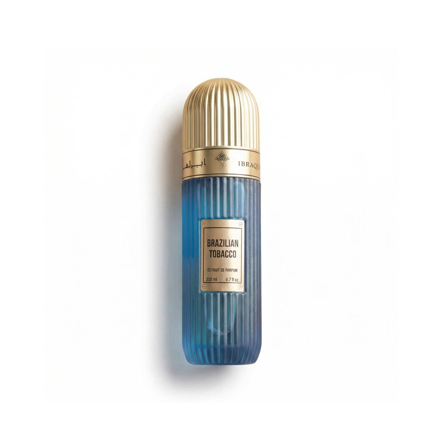 Bottle of Ibraheem Al Qurashi Brazilian Tobacco Extrait fragrance on a white background with soft shadow