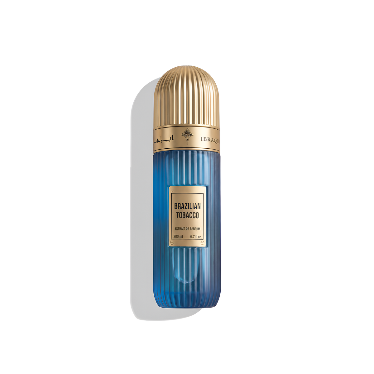 Bottle of Ibraheem Al Qurashi Brazilian Tobacco Extrait fragrance on a white background with soft shadow