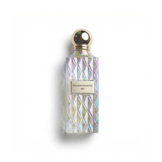 Bottle of Ibraheem Al Qurashi Cullinan Diamond Iris Parfum fragrance on a white background with soft shadow