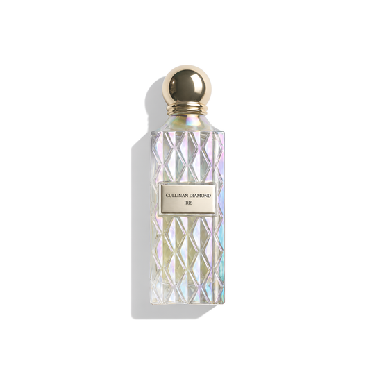 Bottle of Ibraheem Al Qurashi Cullinan Diamond Iris Parfum fragrance on a white background with soft shadow