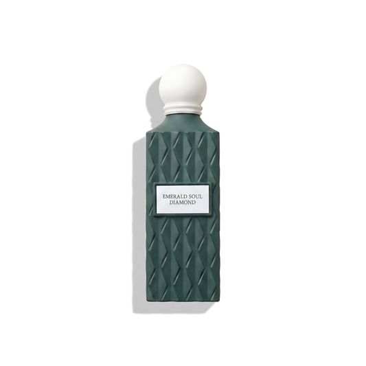 Bottle of Ibraheem Al Qurashi Emerald Soul Diamond EDP fragrance on a white background with soft shadow