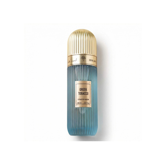 Bottle of Ibraheem Al Qurashi Greek Tobacco Parfum fragrance on a white background with soft shadow