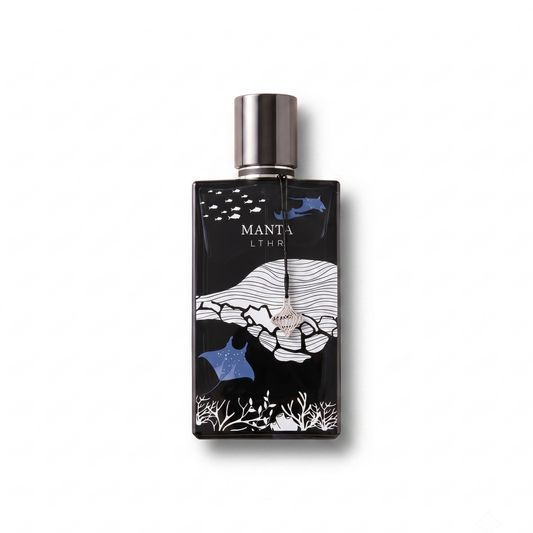 Bottle of Ibraheem Al Qurashi MANTA LTHR EDP fragrance on a white background with soft shadow