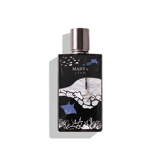 Bottle of Ibraheem Al Qurashi MANTA LTHR EDP fragrance on a white background with soft shadow