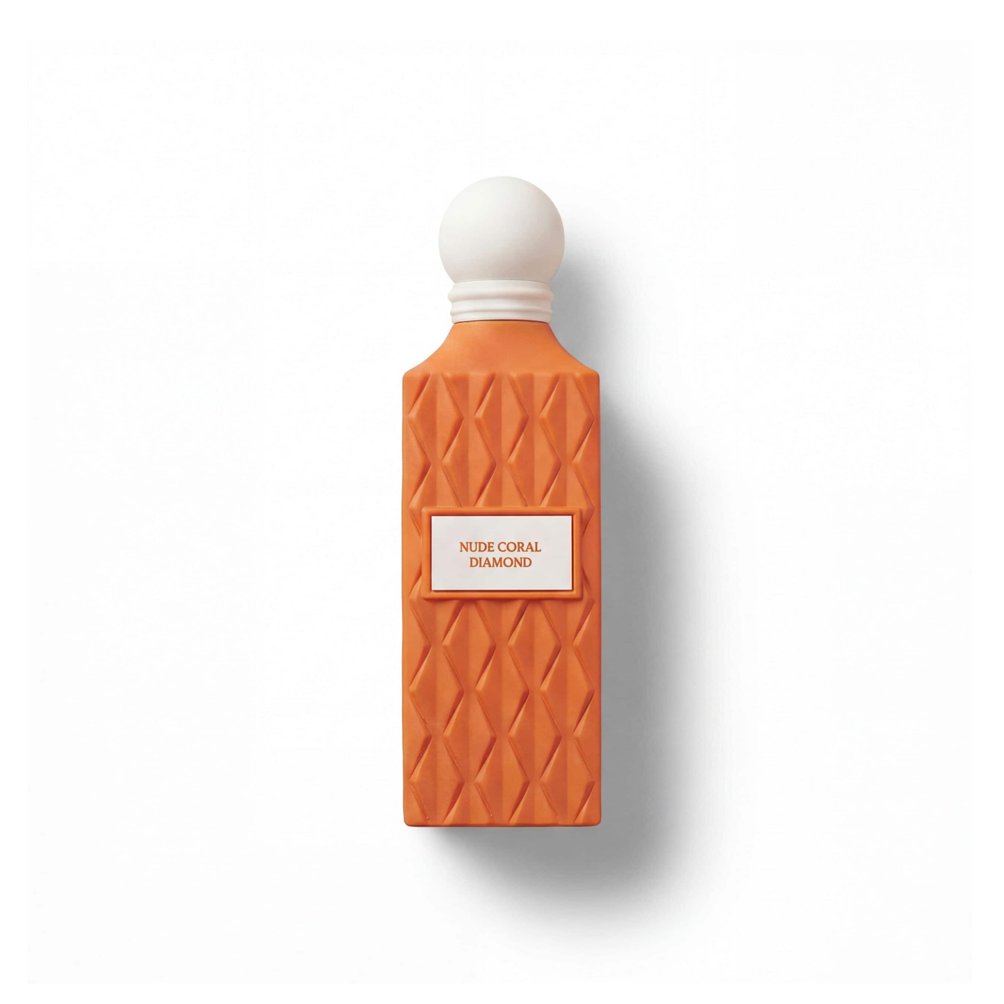 Bottle of Ibraheem Al Qurashi Nude Coral Diamond EDP fragrance on a white background with soft shadow