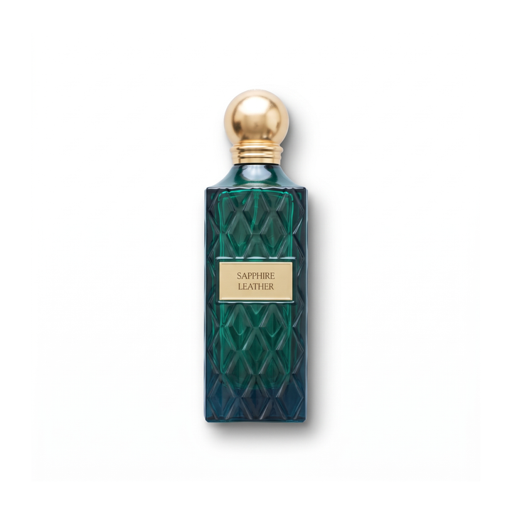 Bottle of Ibraheem Al Qurashi Sapphire Leather EDP fragrance on a white background with soft shadow