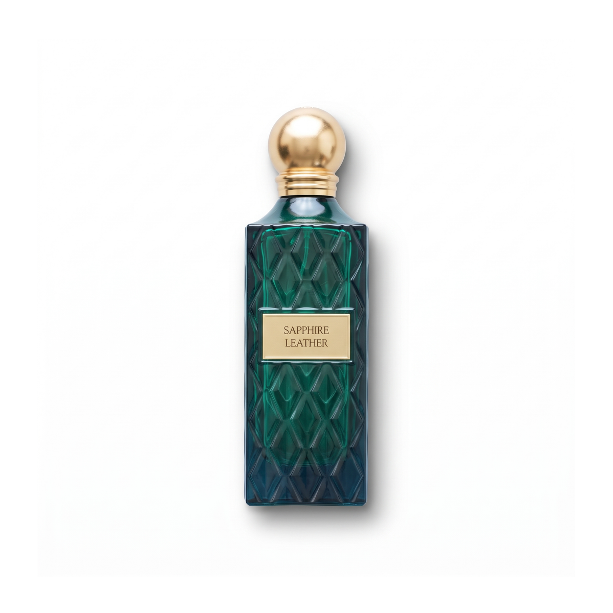 Bottle of Ibraheem Al Qurashi Sapphire Leather EDP fragrance on a white background with soft shadow