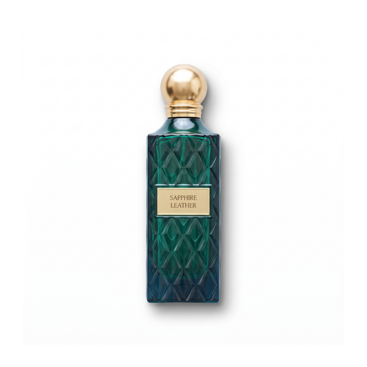Bottle of Ibraheem Al Qurashi Sapphire Leather EDP fragrance on a white background with soft shadow
