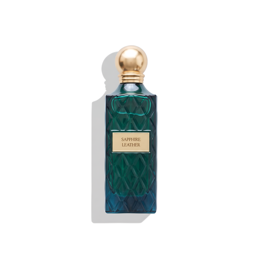 Bottle of Ibraheem Al Qurashi Sapphire Leather EDP fragrance on a white background with soft shadow