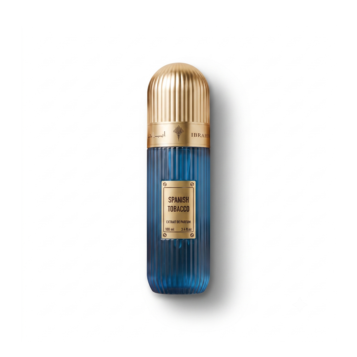 Bottle of Ibraheem Al Qurashi Spanish Tobacco EDP fragrance on a white background with soft shadow