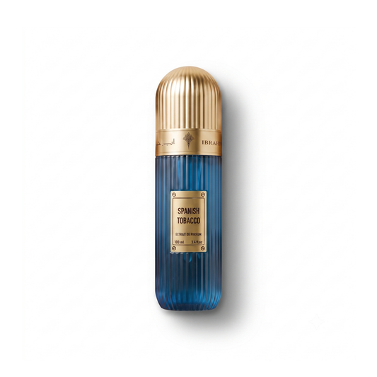 Bottle of Ibraheem Al Qurashi Spanish Tobacco EDP fragrance on a white background with soft shadow