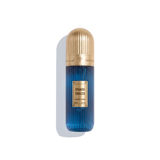 Bottle of Ibraheem Al Qurashi Spanish Tobacco EDP fragrance on a white background with soft shadow