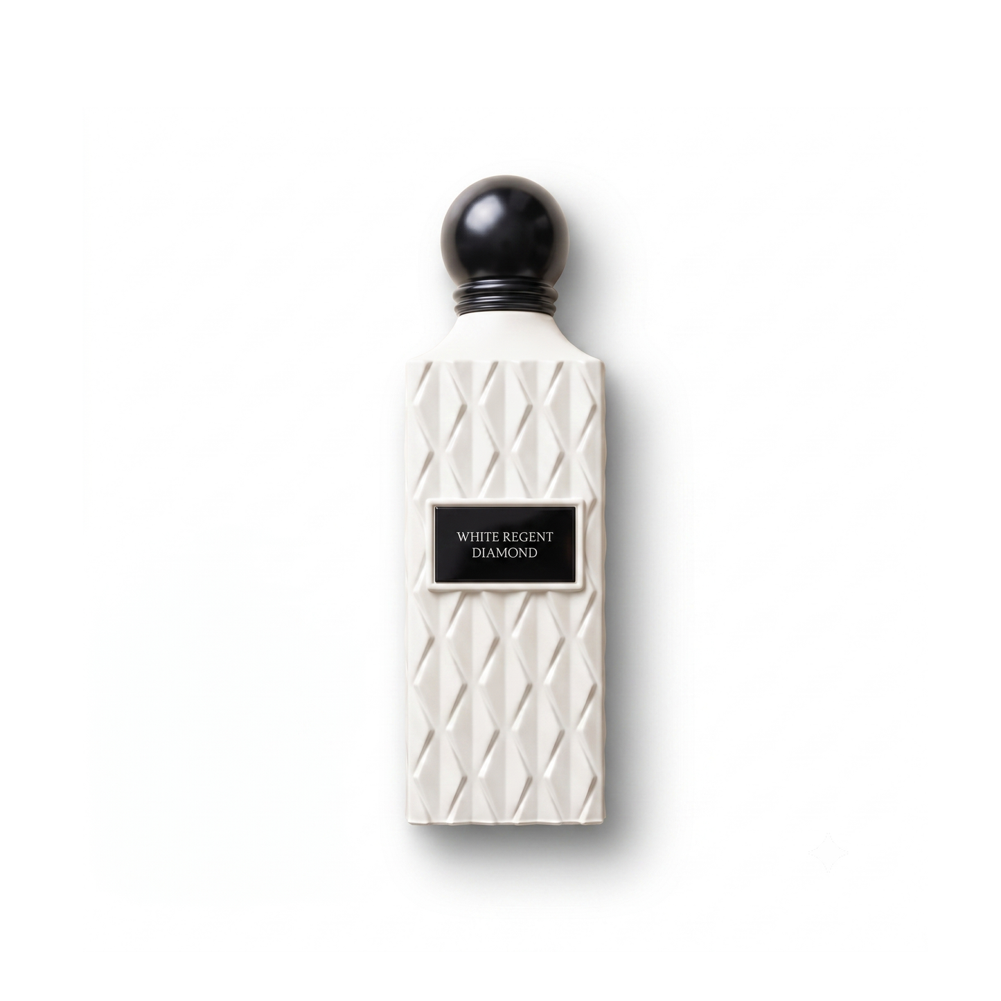 Bottle of Ibraheem Al Qurashi White Regent Diamond EDP fragrance on a white background with soft shadow