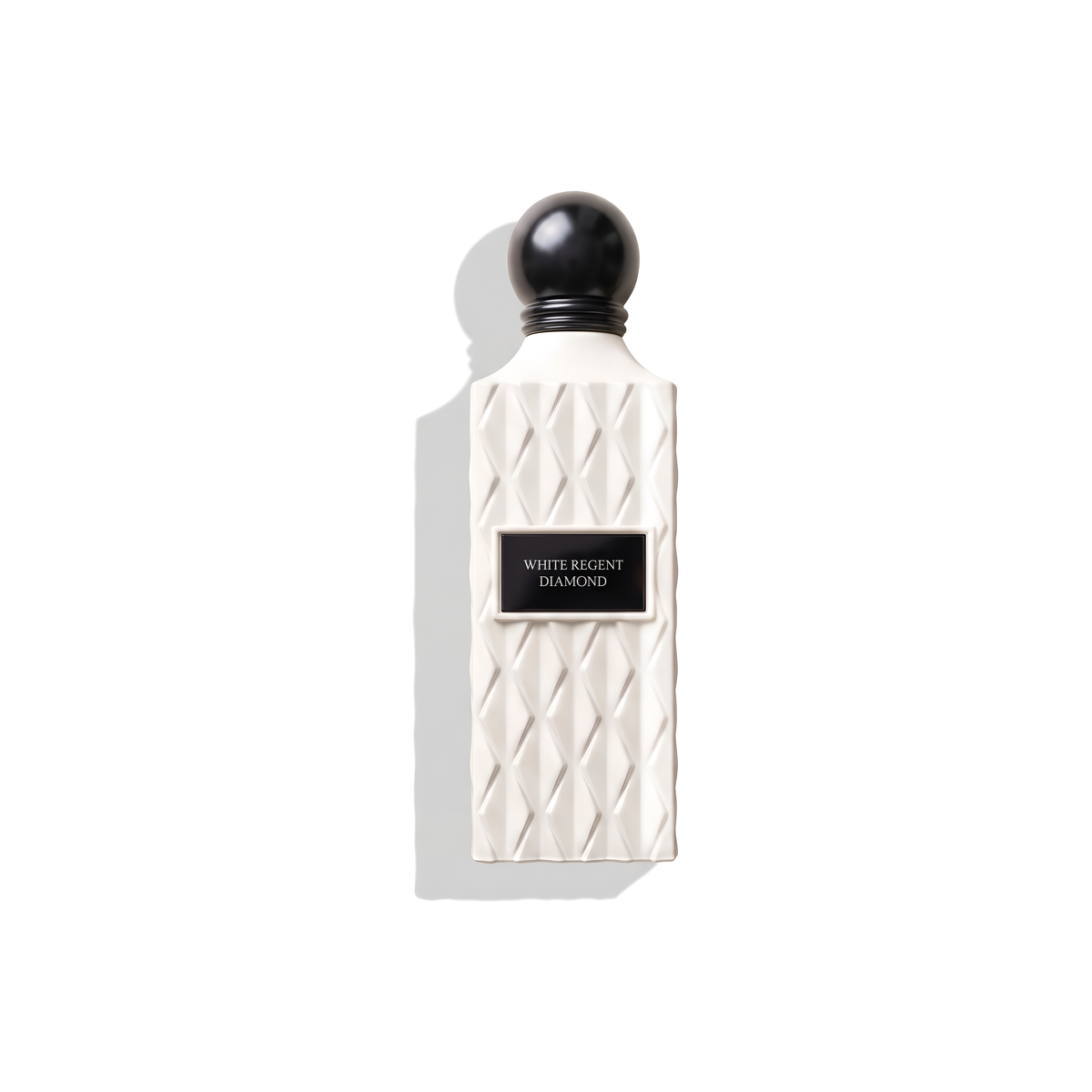 Bottle of Ibraheem Al Qurashi White Regent Diamond EDP fragrance on a white background with soft shadow