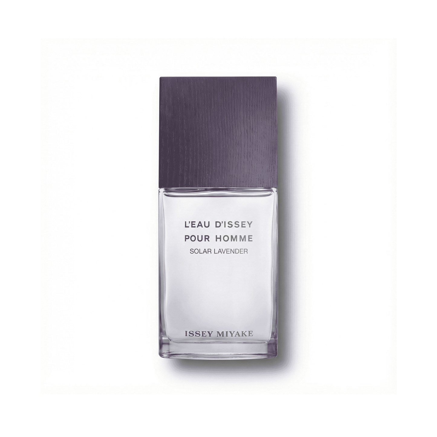Bottle of Issey Miyake L’Eau d’Issey pour Homme Solar Lavender EDT fragrance on a white background with soft shadow